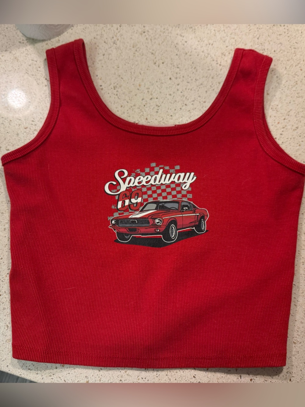 Red Graphic Crop Tank Top with Speedway Car Motif